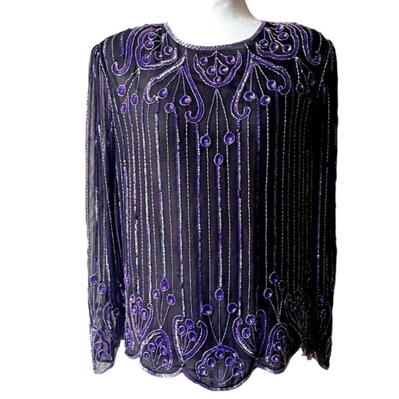 Vintage Sequin Beaded Top Black Purple Long Sleeve Blouse silk lined size xs - Picture 1 of 7